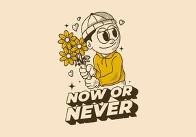 agora ou nunca. retro ilustração do uma gorro cara segurando uma flor vetor