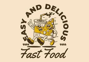 velozes comida, fácil e delicioso. personagem ilustração do corrida pizza e suave beber vetor