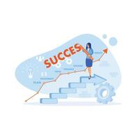 uma jovem mulher é às a topo do a escadaria. crio uma o negócio estratégia plano para sucesso. carreira desenvolvimento conceito. tendência plano vetor moderno ilustração