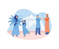 dois muçulmano homens cumprimentar cada outro. mãe e pequeno filha Veja feliz para bem-vinda a feriado. Ramadã kareem conceito. plano vetor moderno ilustração.