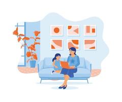 jovem mãe e filha sentado em a vivo quarto sofá. mãe ensina crianças para usar eletrônico dispositivos. virtual relacionamentos conceito. plano vetor ilustração.