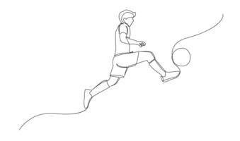 contínuo linha desenhando do futebol jogador saltar e mosca para chutando bola. solteiro 1 linha arte do jovem homem jogando futebol bola vetor