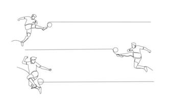 contínuo linha desenhando do futebol jogador saltar e mosca para chutando bola. solteiro 1 linha arte do jovem homem jogando futebol bola vetor