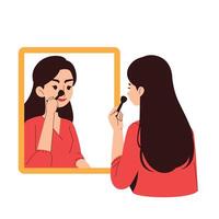 mulher fazendo Maquiagem dentro frente do espelho vetor