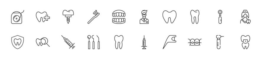 coleção do fino linha ícones do Itens relacionado para dentes e odontologia. linear placa e editável AVC. adequado para rede sites, livros, artigos vetor