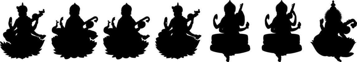 hindu deusa Devi saraswati puja silhuetas Projeto vetor