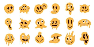 distorcido emoticons. psicodélico abstrato emoji personagens com gotejamento, sorriso, olhar severo e Bravo sentimentos, fofa abstrato emojis. vetor colorida conjunto