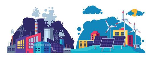 verde energia vs poluição. solar renovável poder eletricidade geração e fóssil térmico carvão nuclear Produção, industrial conceito. vetor ilustração