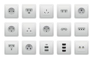 realista tomada tipos. ac poder parede tomada zombar acima, USB mão desenhadami rg45 elétrico portos, europeu e americano eletricidade tomadas. vetor isolado conjunto