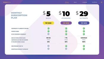 por mês inscrição. preço mesa e produtos característica comparação infográfico modelo, precificação mesa infográfico. vetor Projeto modelo