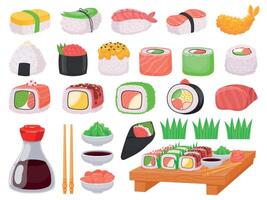 japonês Comida Sushi, onigiri, salmão sashimi e molhos. desenho animado camarão tempurá, ásia pauzinhos, soja molho, wasabi e gengibre vetor conjunto