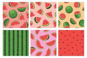 desenho animado Melancia desatado padrão, vermelho textura com sementes. trópico verão fruta fatias e peças. Melancia verde listra impressão vetor conjunto