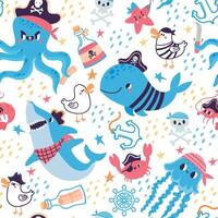 engraçado desenho animado desatado padronizar para crianças com pirata animais. marinho viagem Projeto com baleia, Tubarão, caranguejo e polvo, mar vetor papel de parede