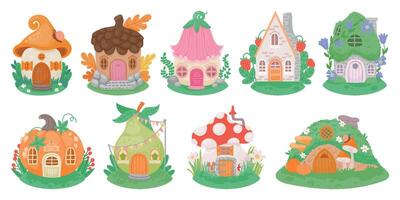 desenho animado pequeno fantasia casas para fadas, elfos, gnomos ou anões. cogumelo, abóbora e flor fofa conto de fadas casas dentro floresta vetor conjunto