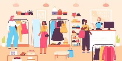 mulheres comprando dentro boutique. moda roupas fazer compras desconto, fornecedor e compras fêmea consumidores. vestir vendas dentro vestuário loja vetor conceito