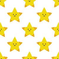 vetor desatado padronizar com fofa infantil estrelas. amarelo sorridente estrelas com face em branco fundo. engraçado bebê estrelas. invólucro ou papel de parede Projeto.