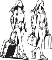 dois meninas viajando com bagagem. vetor