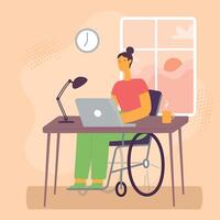 Desativado mulher trabalhando em computador portátil. desenho animado jovem menina em cadeira de rodas trabalhando remotamente às lar. deficiente fêmea personagem vetor