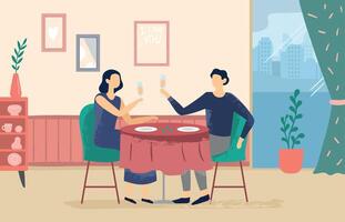 romântico casal às restaurante. fêmea e masculino personagens sentado às mesa e bebendo champanhe dentro cafeteria vetor
