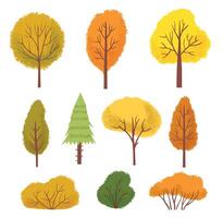 amarelo outono árvores colorida verde e laranja parque ou floresta árvores e arbustos desenho animado vetor. sazonal plantas com folhagem vetor