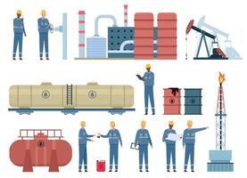 plano óleo engenheiro trabalhadores e gás indústria edifícios. petróleo equipamento, refinaria, combustível tanques e barris. óleo gasoduto inspeção vetor conjunto