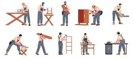 carpinteiro personagem. desenho animado artesão marcenaria indústria, marceneiro com instrumentos construção de madeira construções, carpintaria oficina conceito. vetor conjunto