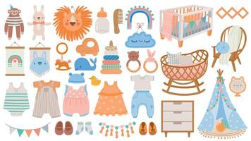 bebê mobília e roupas. berçário elementos, animal brinquedos, decoração, berços, chocalhos e recém-nascido acessórios dentro escandinavo estilo vetor conjunto