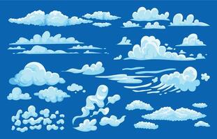 cumulus nuvens. desenho animado jogos ui 2d ativo, verão nublado céu fundo, sprite conjunto do vapor névoa névoa e fumaça. vetor cirro e noctilucente nuvens isolado conjunto