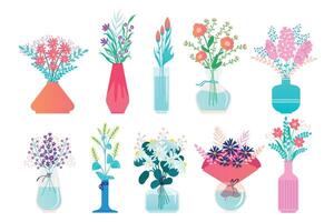 flores dentro vaso. flora ramalhete dentro cerâmica jarro, grupo do lírios, florescendo Primavera flores dentro decorativo vaso. vetor isolado conjunto