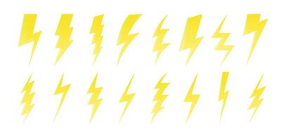 desenho animado amarelo relâmpago parafuso. velozes brilhante elétrico seta símbolos, lustroso relâmpago elétrico sinal, poder parafuso energia ícone. vetor isolado conjunto