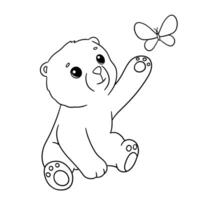 fofa sentado bebê Urso jogando com borboleta. desenho animado mão desenhado vetor esboço ilustração para coloração livro. linha animal isolado em branco