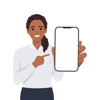 mulher mostrando em branco Smartphone tela e apontando em isto vetor