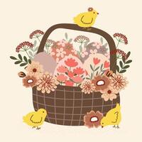 adorável Páscoa ovos cesta com selvagem flores e frango mão desenhado Ornamanet vetor ilustração para decoração poster cartão fundo