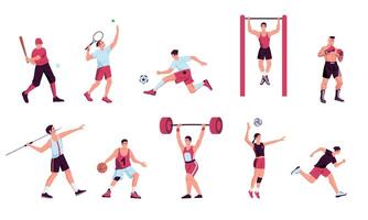 atleta personagens coleção. desenho animado ginástica e Esportes pessoas, ativo pessoas fazendo fisica atividade, masculino fêmea personagens dentro exercício roupas. vetor conjunto