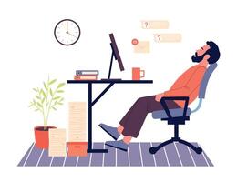 Procrastinação conceito. masculino empregado sentado às local de trabalho e em repouso. improdutivo trabalhador postergar tarefas vetor
