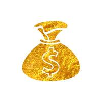 mão desenhado dinheiro saco ícone dentro ouro frustrar textura vetor ilustração