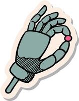 mão desenhado robótico braço segurando pequeno objeto ícone dentro adesivo estilo vetor ilustração