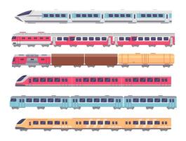 passageiro trens. desenho animado metrô, expressar e carga trem. subterrâneo transporte com vagões. metro locomotiva, estrada de ferro transporte vetor conjunto