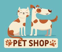 gato e cachorro. desenho animado animal fazer compras ou veterinario loja logotipo placa com feliz animais. amigos gatinho e cachorro junto. veterinário rótulo vetor Projeto