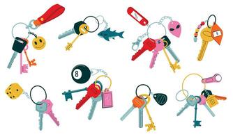 rabisco chaveiros. vintage e moderno chaves com diferente cabeças porta-chaves e porta-chaves, simples real Estado logotipo elementos e casa segurança símbolos. vetor conjunto
