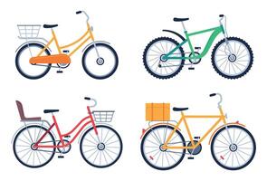 plano bicicletas, bicicleta para Entrega produtos. diferente veículos com cestas e caixa para Comida envio. encomenda refeição vetor