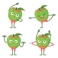 desenho animado maçã personagem Faz ginástica e esporte vetor