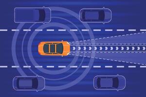 inteligente Autônomo carro dirigir dentro tráfego topo visualizar. futuro carro com radar tecnologia sistema Varredura cidade estrada. auto elétrico transporte vetor cena