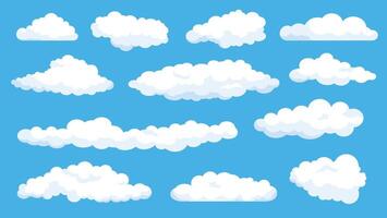 desenho animado fofo branco nuvens em verão azul céu. nublado clima histórias em quadrinhos elementos. simples plano abstrato nuvem forma para jogos ou logotipo vetor conjunto