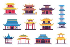 plano chinês e japonês edifícios, antigo têmpora, pagode e santuário. ásia velho arquitetura dentro tradicional estilo. China casas vetor conjunto