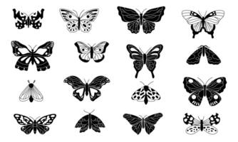 Preto borboletas. decorativo borboleta silhuetas, alado inseto esboço elementos para tatuagem projeto, vintage página de recados ou papel de parede decoração. vetor isolado conjunto