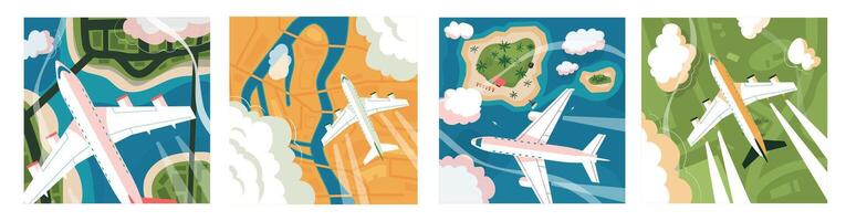 avião aéreo visualizar. verão panorama com vôo ar transporte, topo Visão do azul céu com vôo aeronave e nuvens, turismo e período de férias conceito. vetor ilustração