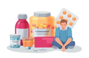 depressivo pessoa sentado perto grande garrafas com pílulas. estressado homem dentro desespero tendo médico tratamento vetor