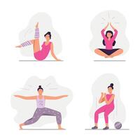 esporte pessoas. mulheres dentro roupa de esporte fazendo ioga exercícios, praticando meditação dentro lótus posição. fêmea personagem alongamento vetor