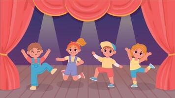 desenho animado crianças realizando dança em teatro etapa com cortina. Jardim da infância Rapazes e meninas grupo atividade. crianças dança mostrar vetor conceito